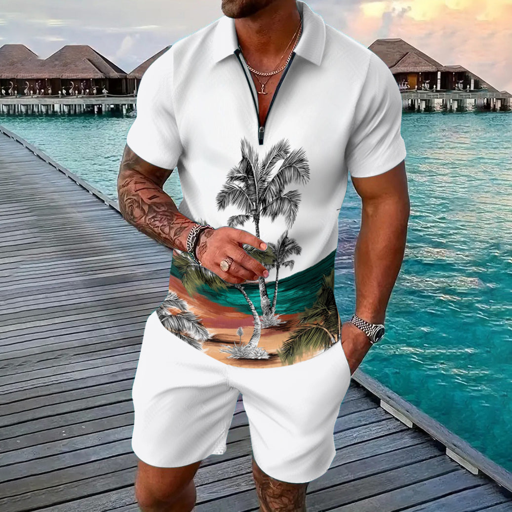 Trendy print fashion coconut tree polo suit