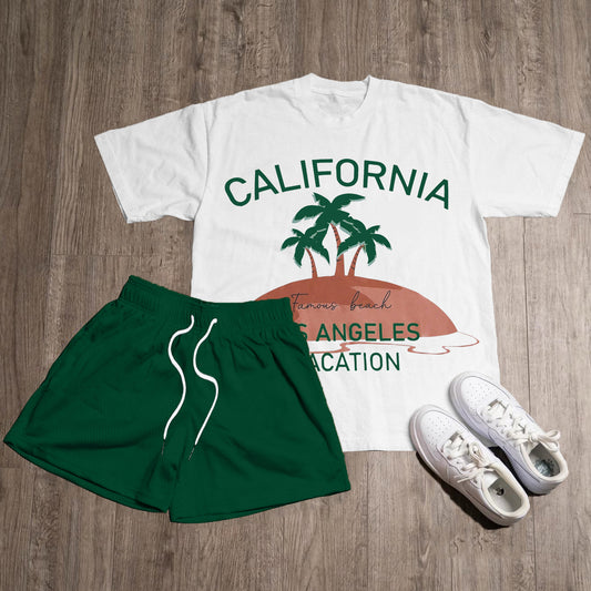 California Print T-Shirt Short Sleeve Two Piece Set