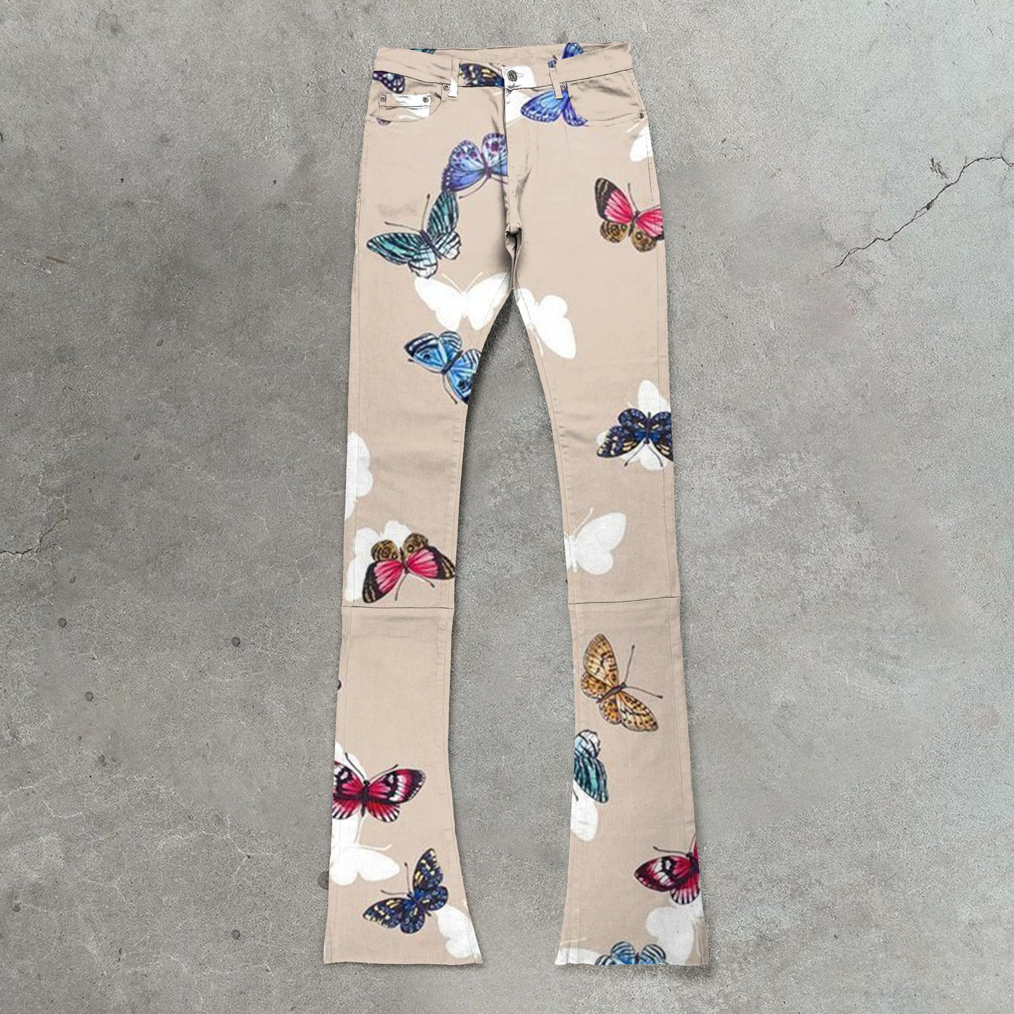 Vintage Butterfly Print Stacked Pants Jeans