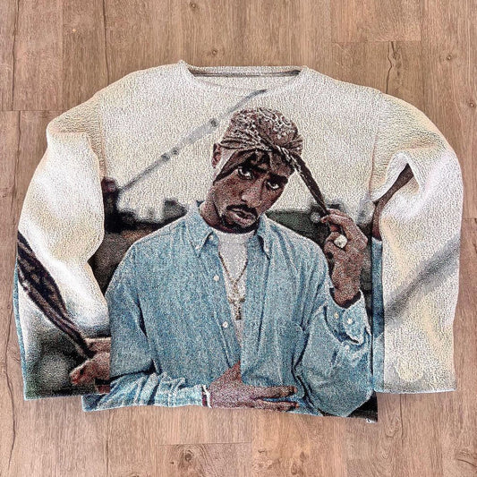 Rapper Tupac Print Long Sleeve Tapestry Sweatshirt
