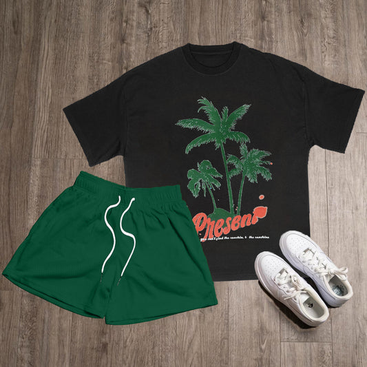 Coconut Palm Print T-Shirt Short Sleeve Two Piece Set