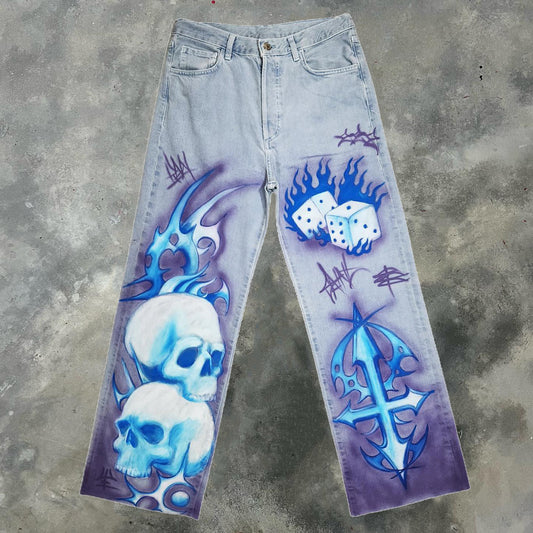 Cross Lucky Dice Graffiti Casual Street Jeans
