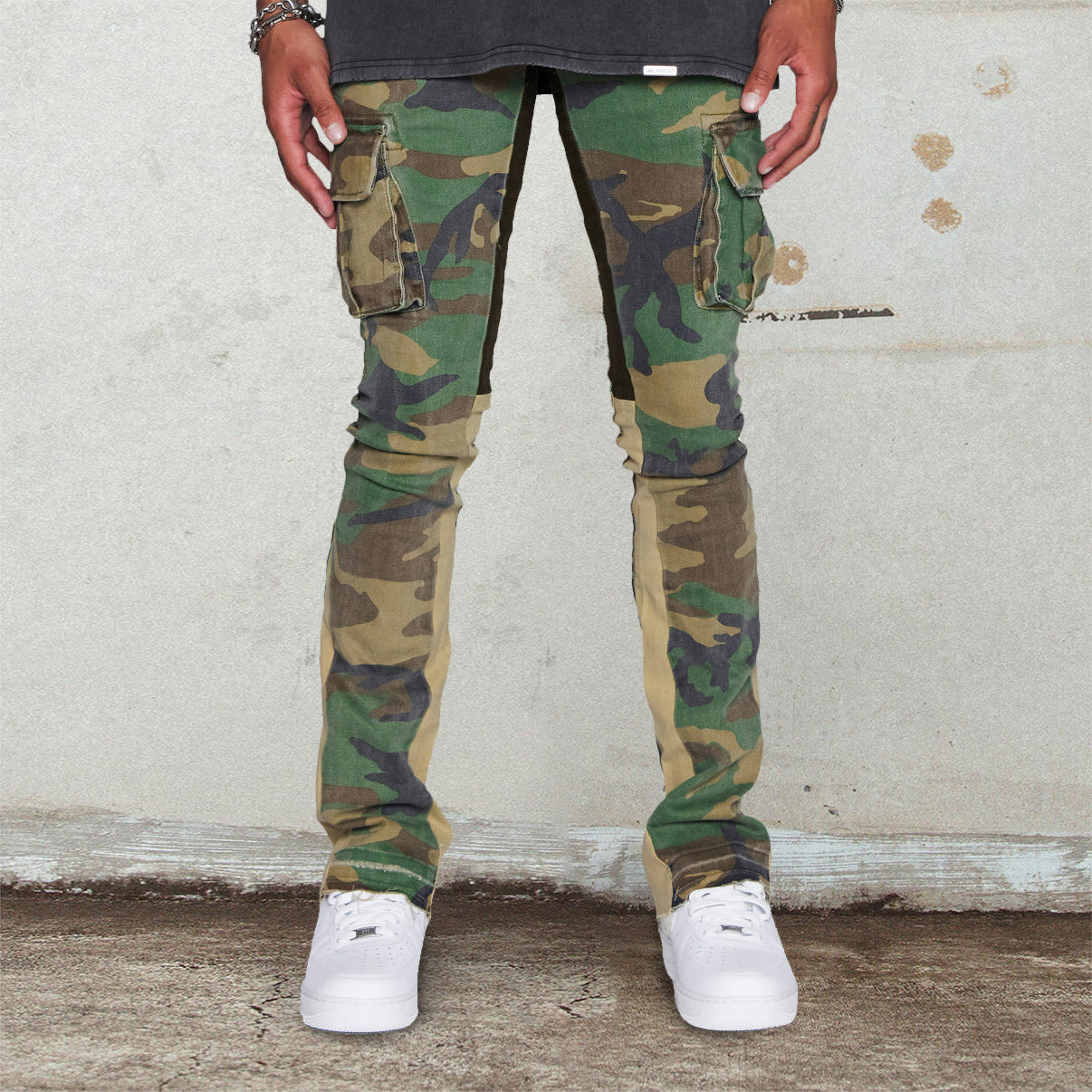 Stylish camouflage overalls stacked jeans
