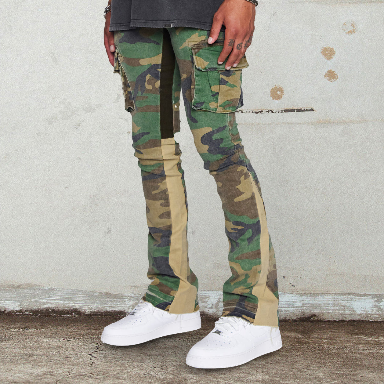 Stylish camouflage overalls stacked jeans