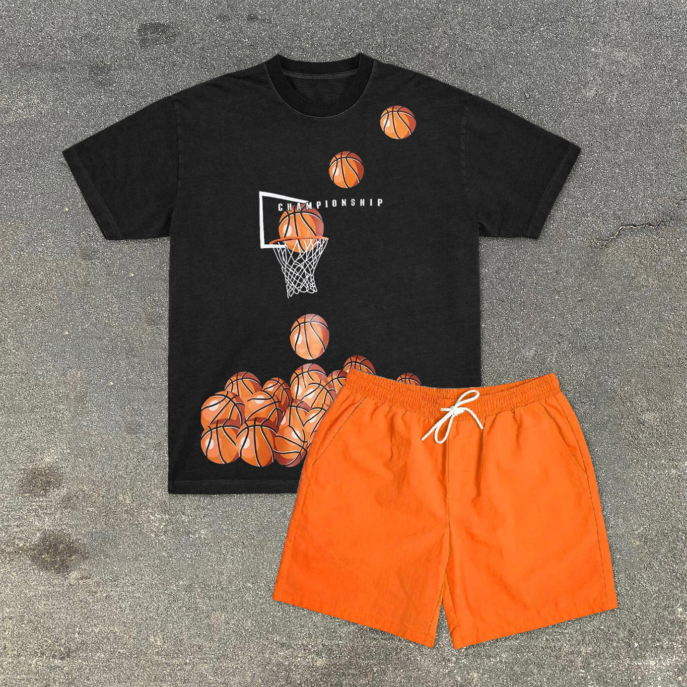 Vintage Basketball Pattern Streetwear Short Sleeve Suit