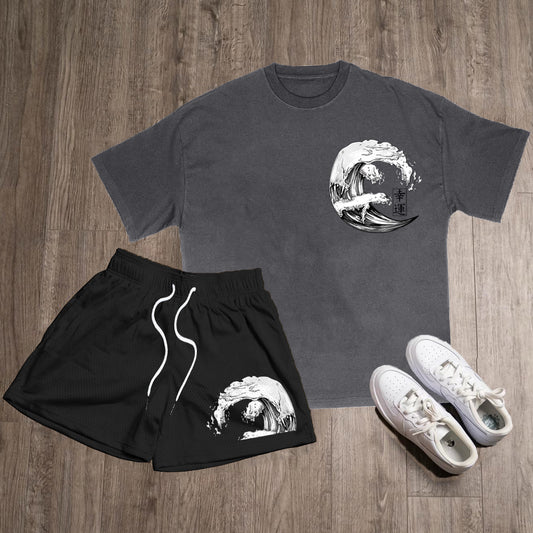 Waves Print T-Shirt Shorts Two-Piece Set