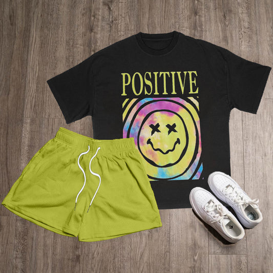 Positive Print T-Shirt Short Sleeve Two Piece Set