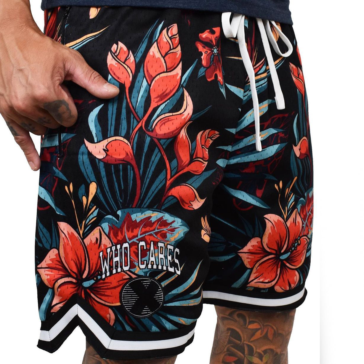 Floral-print casual street mesh shorts