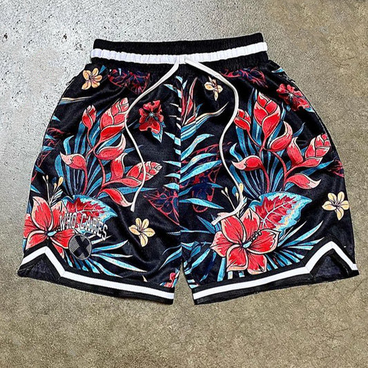 Floral-print casual street mesh shorts