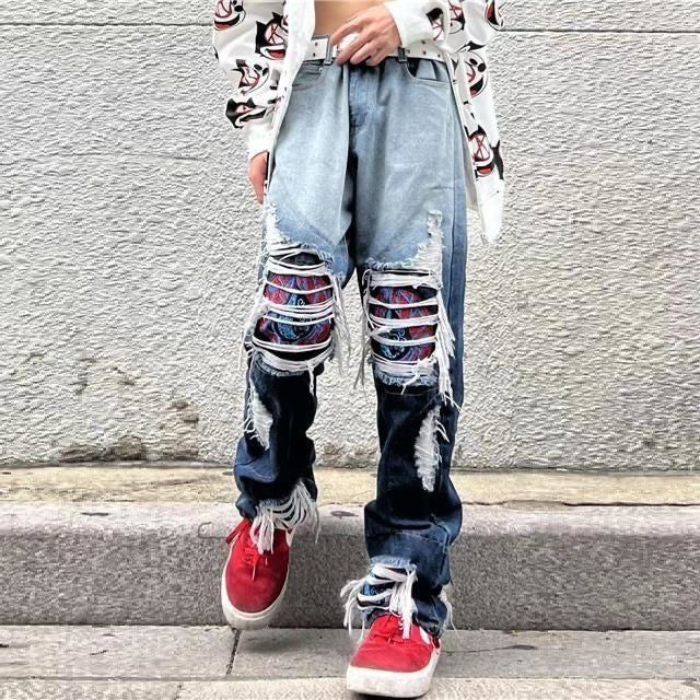 Washed heavy embroidery loose jeans dyed trendy brand trousers