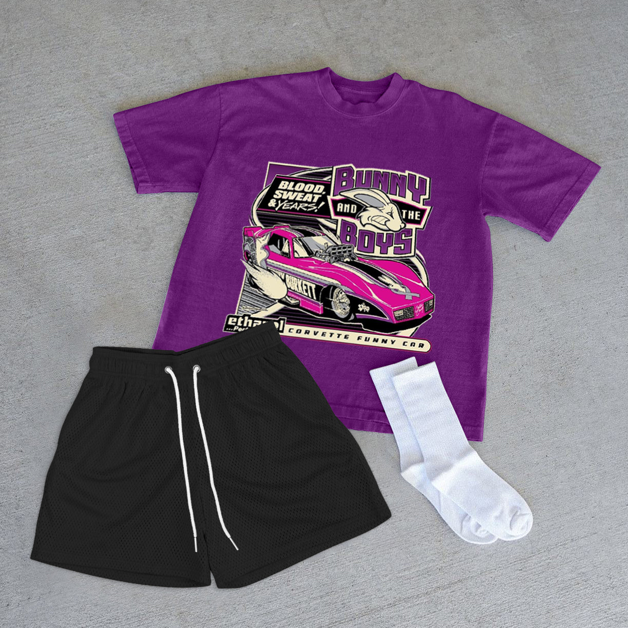 Fashionable retro racing print short-sleeved T-shirt and shorts two-piece set