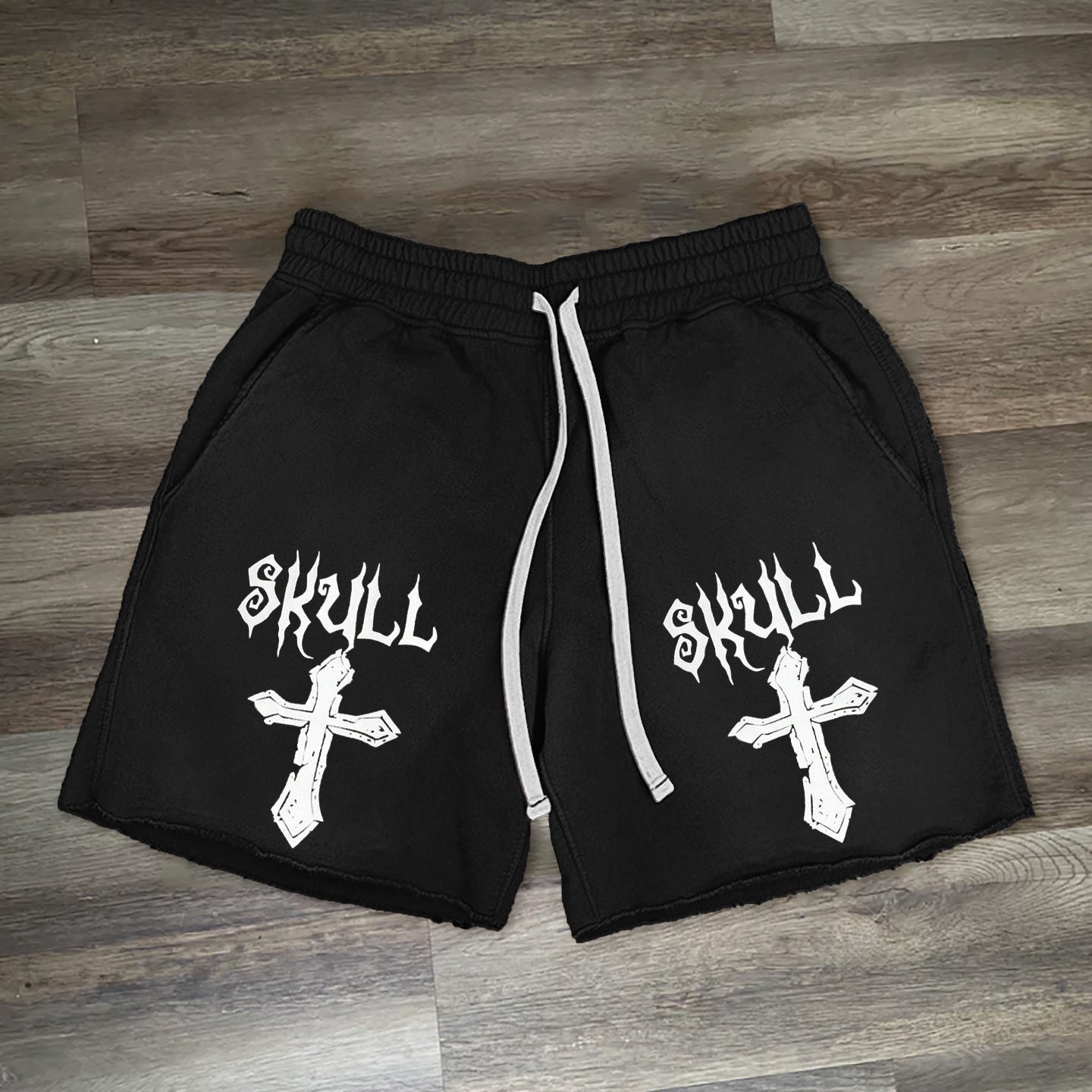 Skull & Cross Print Drawstring Knit Shorts