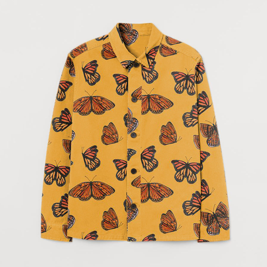 Vintage butterfly print lapel long sleeve shirt