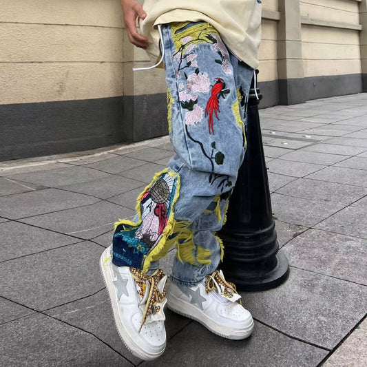 Embroidered street heavy industry embroidered ripped jeans trousers