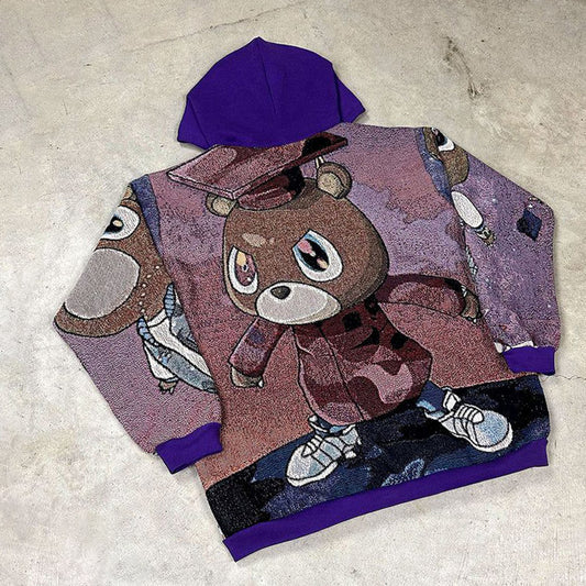 Street color contrast hoodie with bear pattern