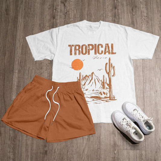 Tropical Print T-Shirt Short Sleeve Two Piece Set