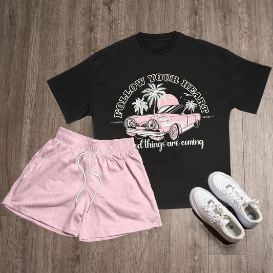 Car & Letters Print T-Shirt Shorts Two-Piece Set