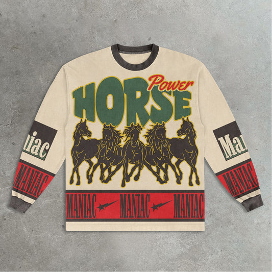Horse racing retro print crew neck sweatshirt