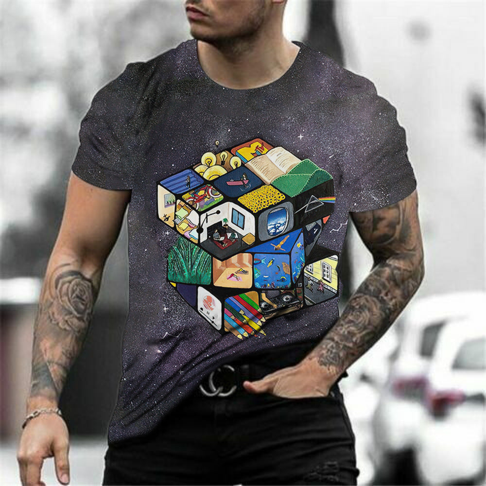 Retro Fashion Short Sleeve Rubik's Cube Round Neck T-Shirt