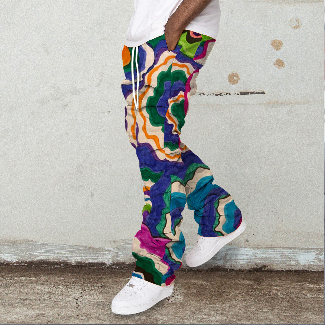 Contrast print stacking trousers street trousers