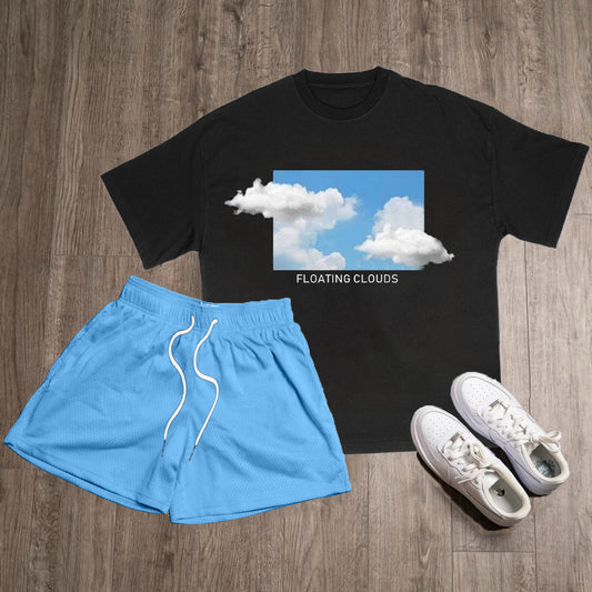 Floating Clouds Print T-Shirt Shorts Two-Piece Set