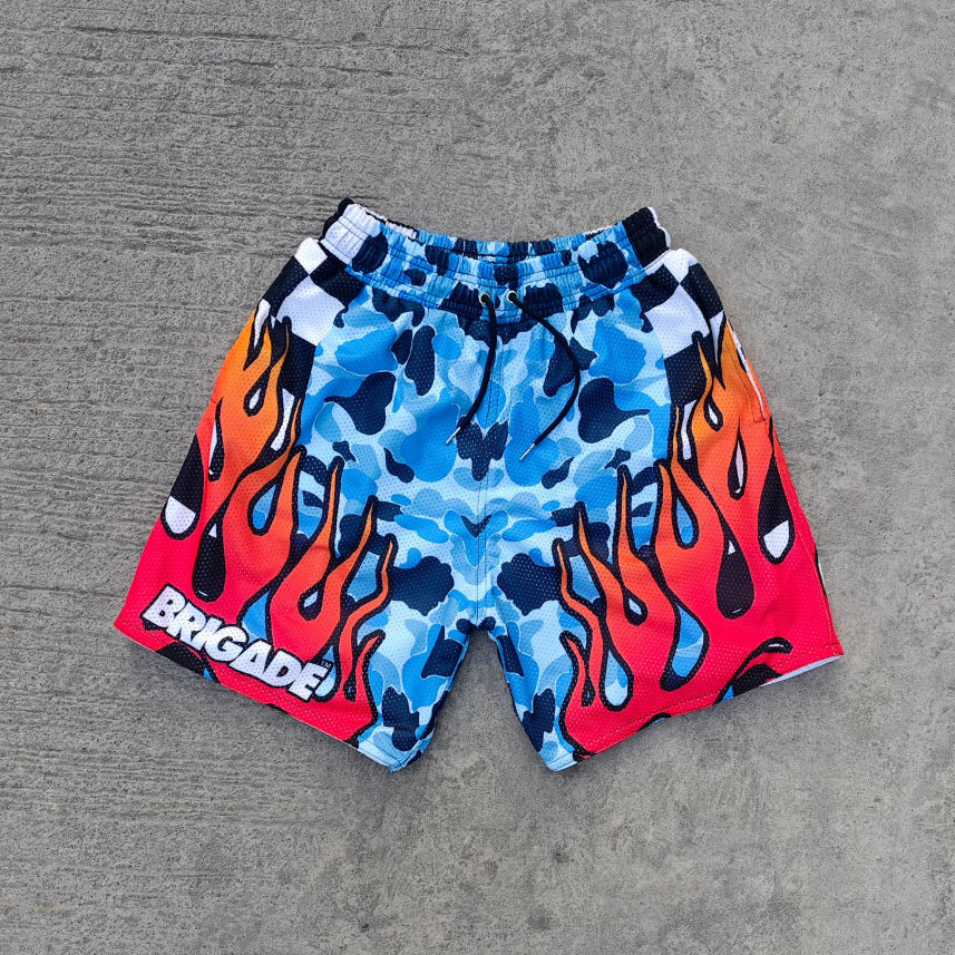 camouflage flame print shorts
