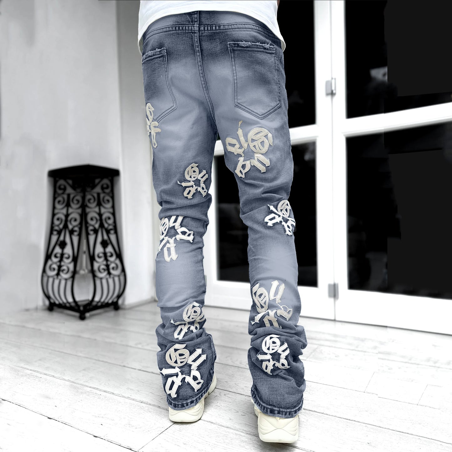 Casual street retro washed patch jeans