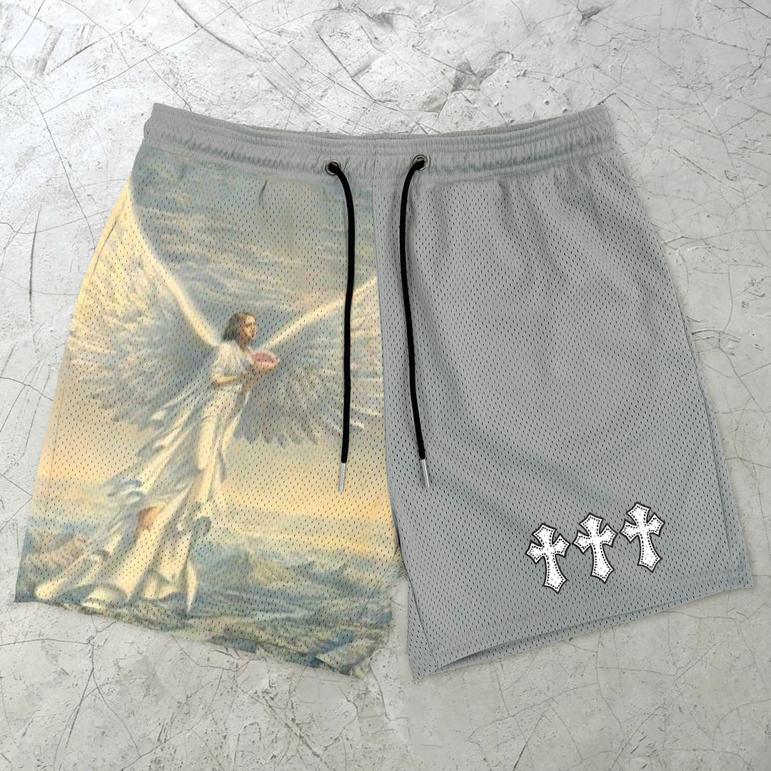 Vintage Angel Cross Fashion Mesh Shorts