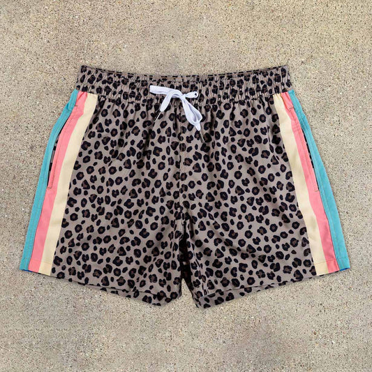 Leopard Stripe Panel Swimsuit Beach Shorts