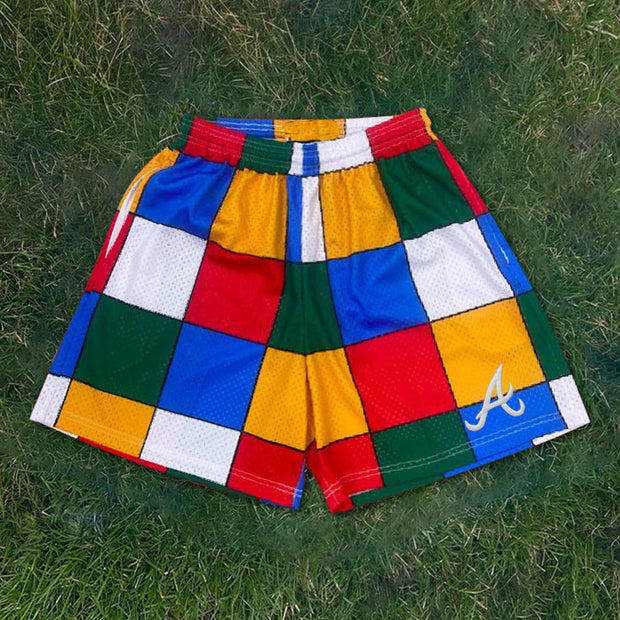 Colorful Check Print Contrast Mesh Shorts