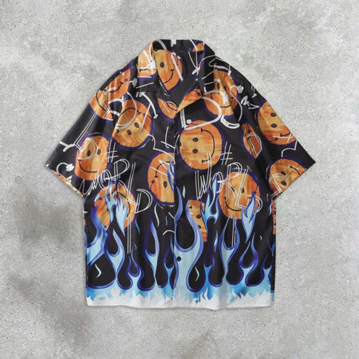 Smiley Flame Graphic Print Short Sleeve Shirt