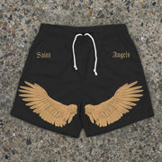 Retro Fashion Tide Brand Wings Print Mesh Shorts