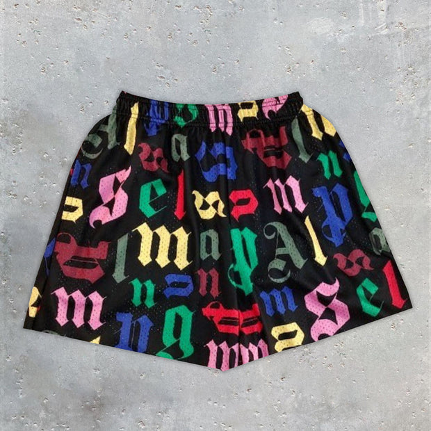 Fashion Preppy Casual Alphabet Print Mesh Shorts
