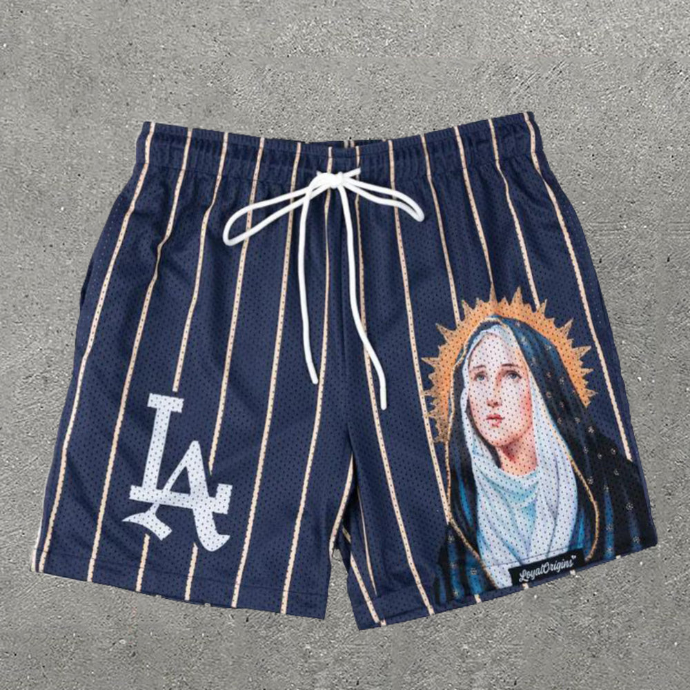 LA Virgin Mary Stripe Print Mesh Shorts