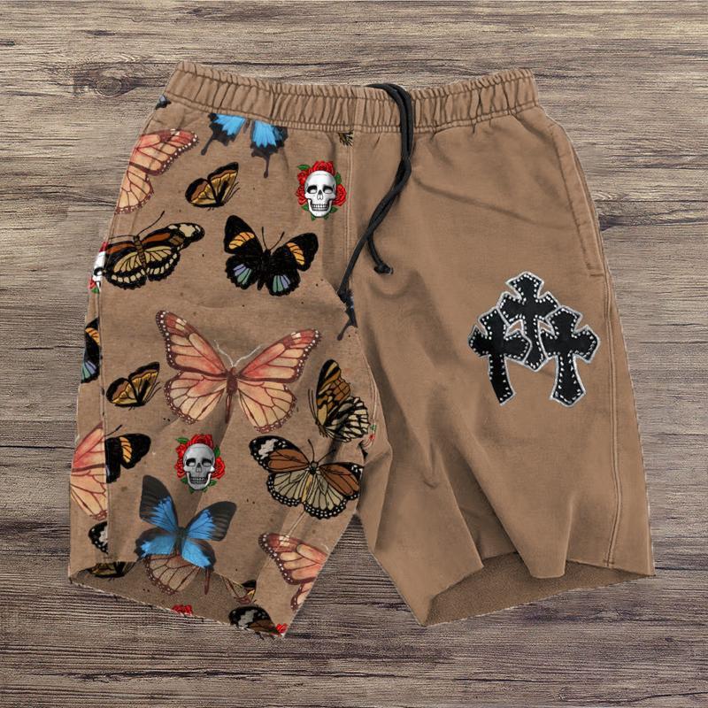 Vintage Butterfly Cross Skull Print Casual Shorts