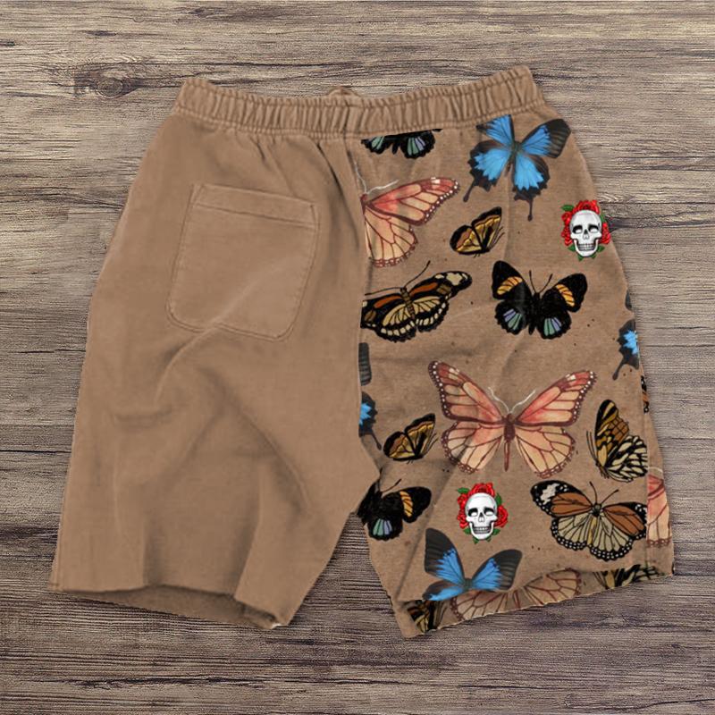 Vintage Butterfly Cross Skull Print Casual Shorts
