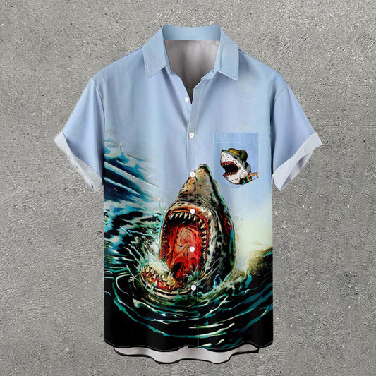 Shark & Waves Print Short Sleeve Pocket Shirt