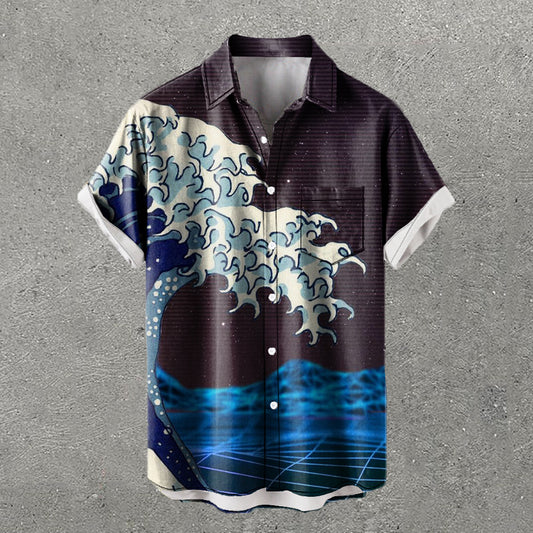 Waves Print Short Sleeve Pocket Shirt