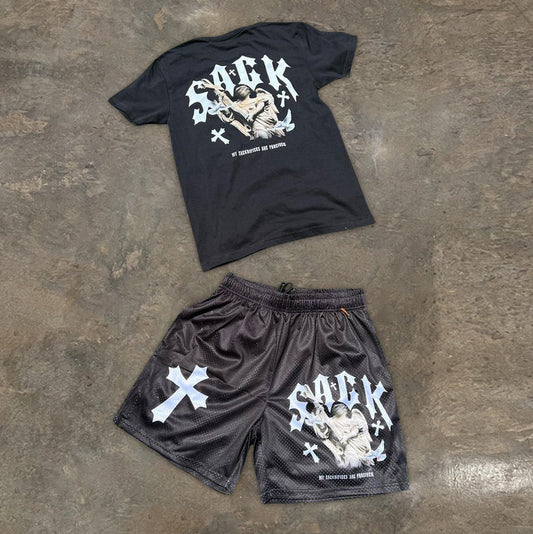 Casual Cross Angel Print T-Shirt Shorts Set