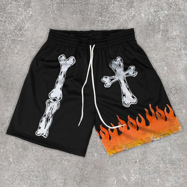 Stylish Street Style Flame Bone Print Mesh Shorts