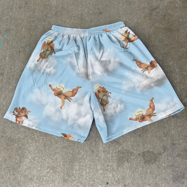 Angel Vintage Print Street Mesh Shorts
