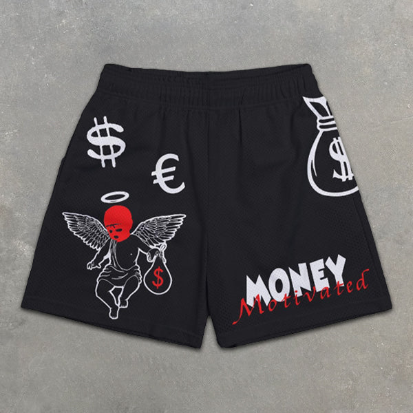 Cupid Money Graphic Print Elastic Shorts