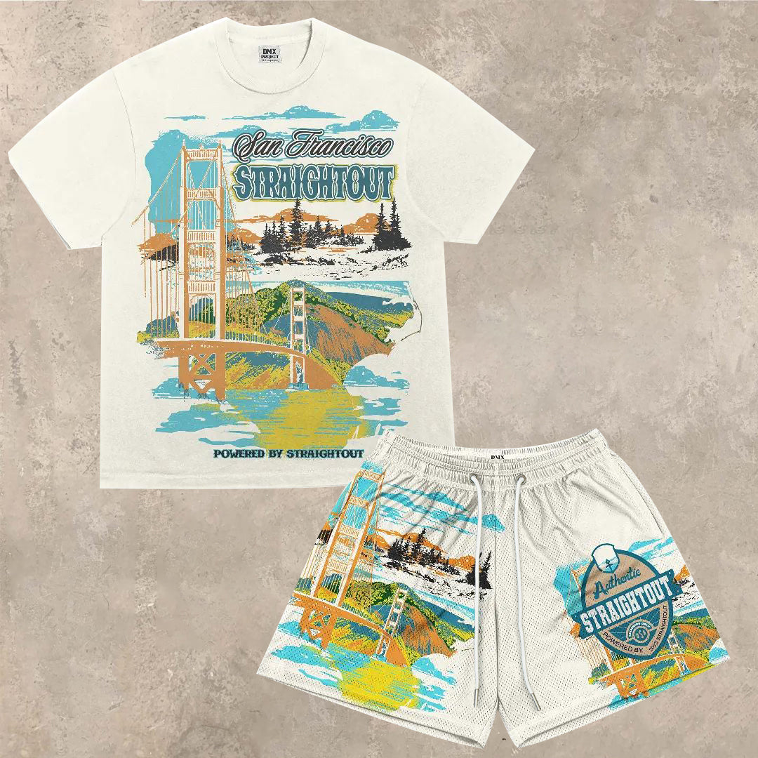 Personalized Street Style Printed Round Neck Short Sleeve Shorts Set