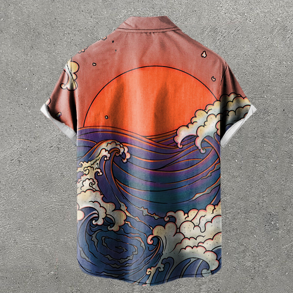 Wave & Sunset Print Short Sleeve Shirt