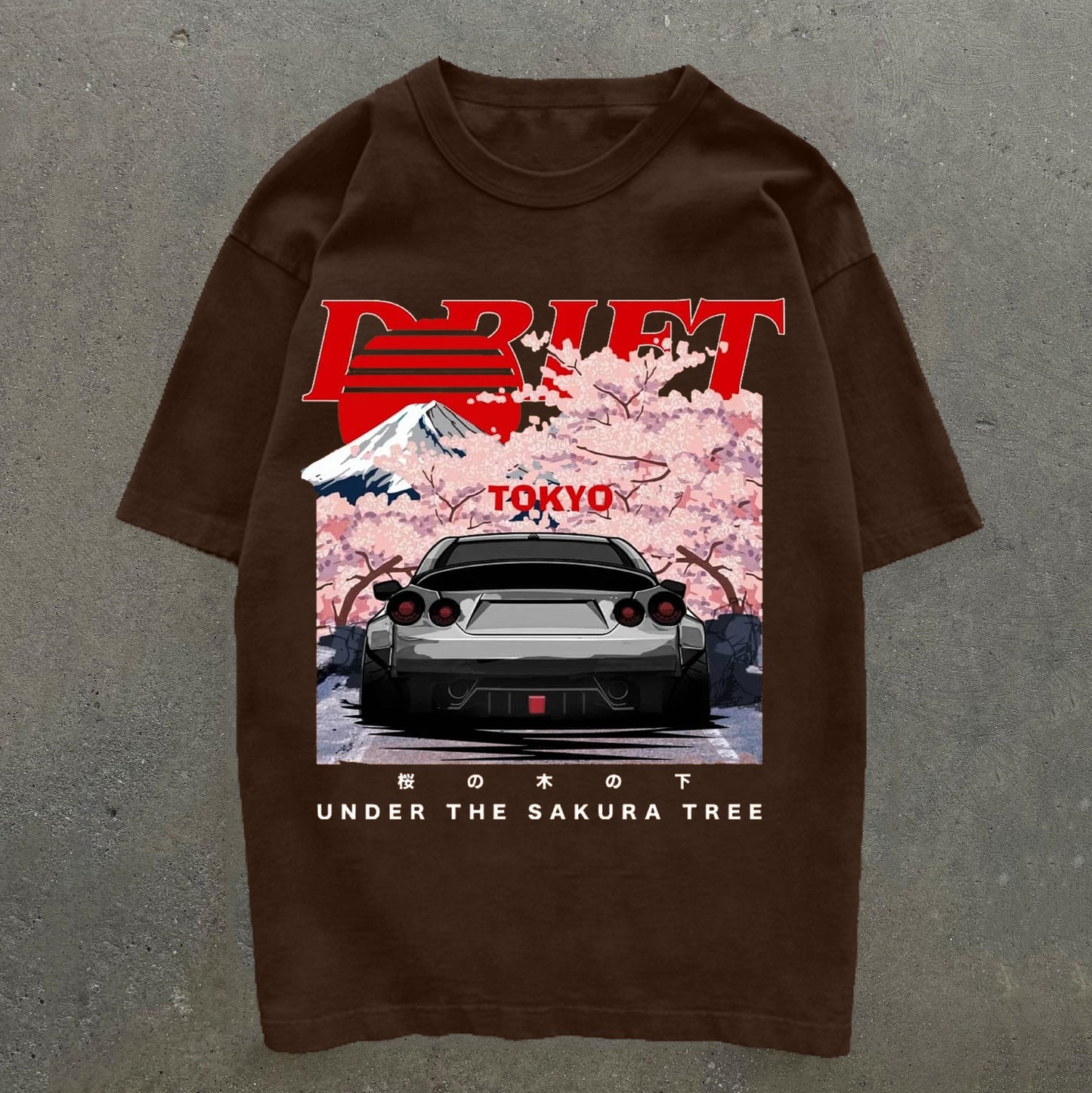 Car & Sakura Print Short Sleeve T-Shirt