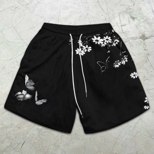 Sakura Butterfly Graphic Print Elastic Shorts