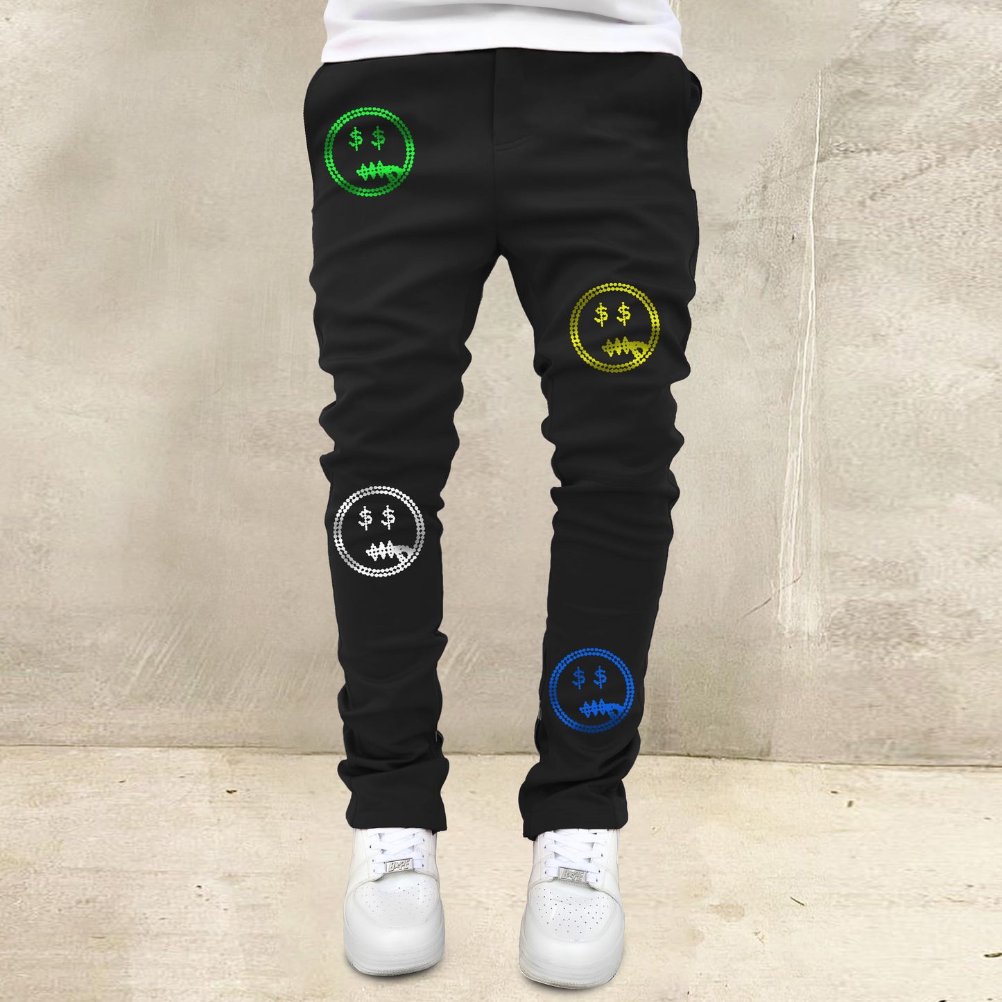 Street style colored money smiley print sports trousers