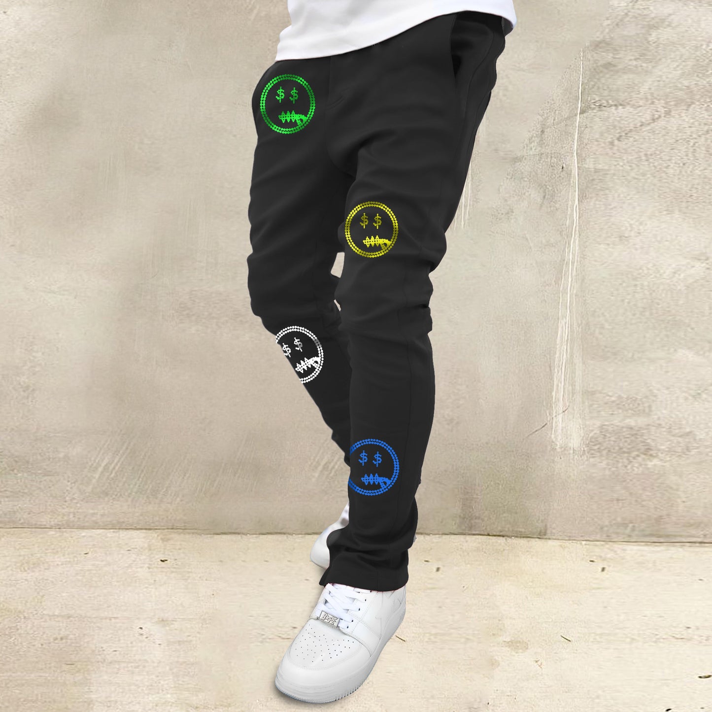 Street style colored money smiley print sports trousers