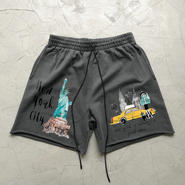 Trendy retro print street casual loose shorts