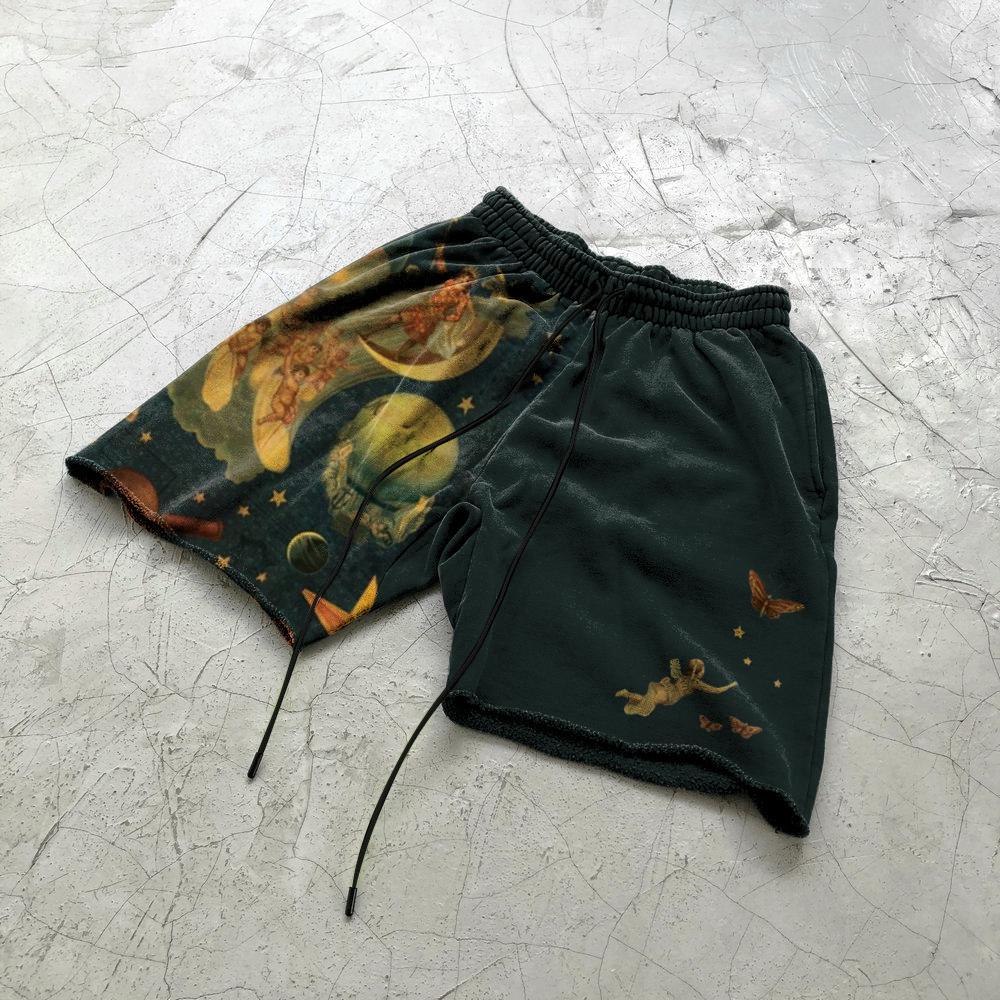 Retro print rock fashion stitching casual shorts